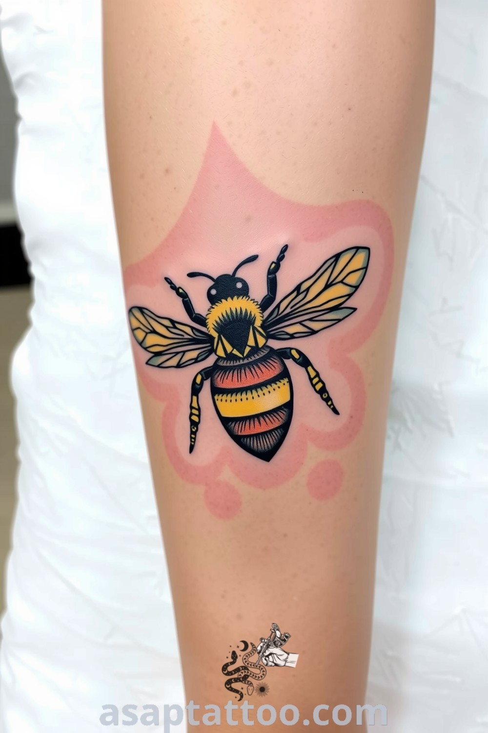 Art Deco bee tattoo with intricate geometric patterns in black and gold, symbolizing diligence and community. A gorgeous tattoo that will inspire you to get inked. asaptattoo.com
