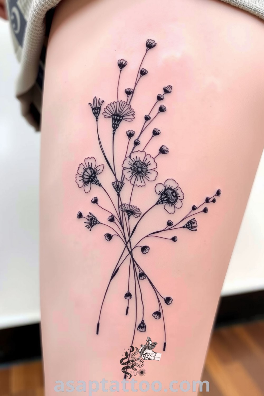 Sketch-style tattoo of wildflowers on the thigh featuring delicate linework and soft gradients, evoking natural elegance. A gorgeous tattoo idea that will inspire you to get inked. asaptattoo.com