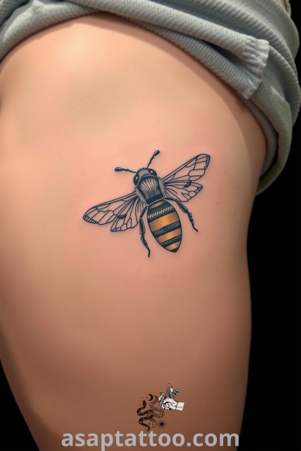 Intricate ink sketch bee tattoo with detailed linework and blended shading on medium skin, symbolizing hard work and community. A gorgeous tattoo idea you must see to believe. asaptattoo.com