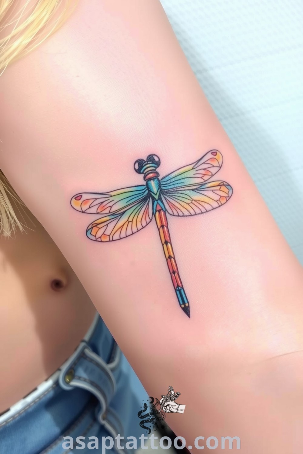 Pastel dragonfly tattoo on inner arm with soft blue, pink, and yellow wings, intricate detail, and gentle gradients for a beautiful and inspiring design. asaptattoo.com