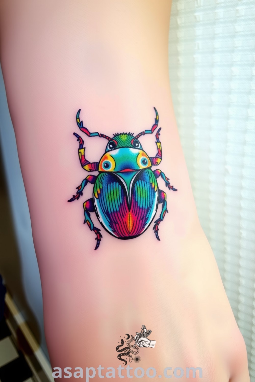 A vibrant psychedelic beetle tattoo on the wrist with intricate linework and bright colors, showcasing iridescent gradients. A gorgeous tattoo that symbolizes resilience and transformation you must see. asaptattoo.com