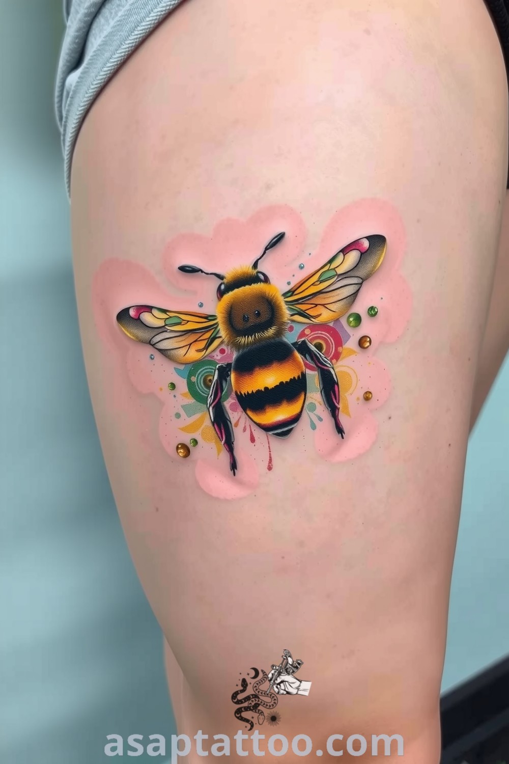 Watercolor bee tattoo with vibrant yellows and blacks, capturing intricate details and movement through fluid gradients. An amazing tattoo idea you must see to believe. asaptattoo.com