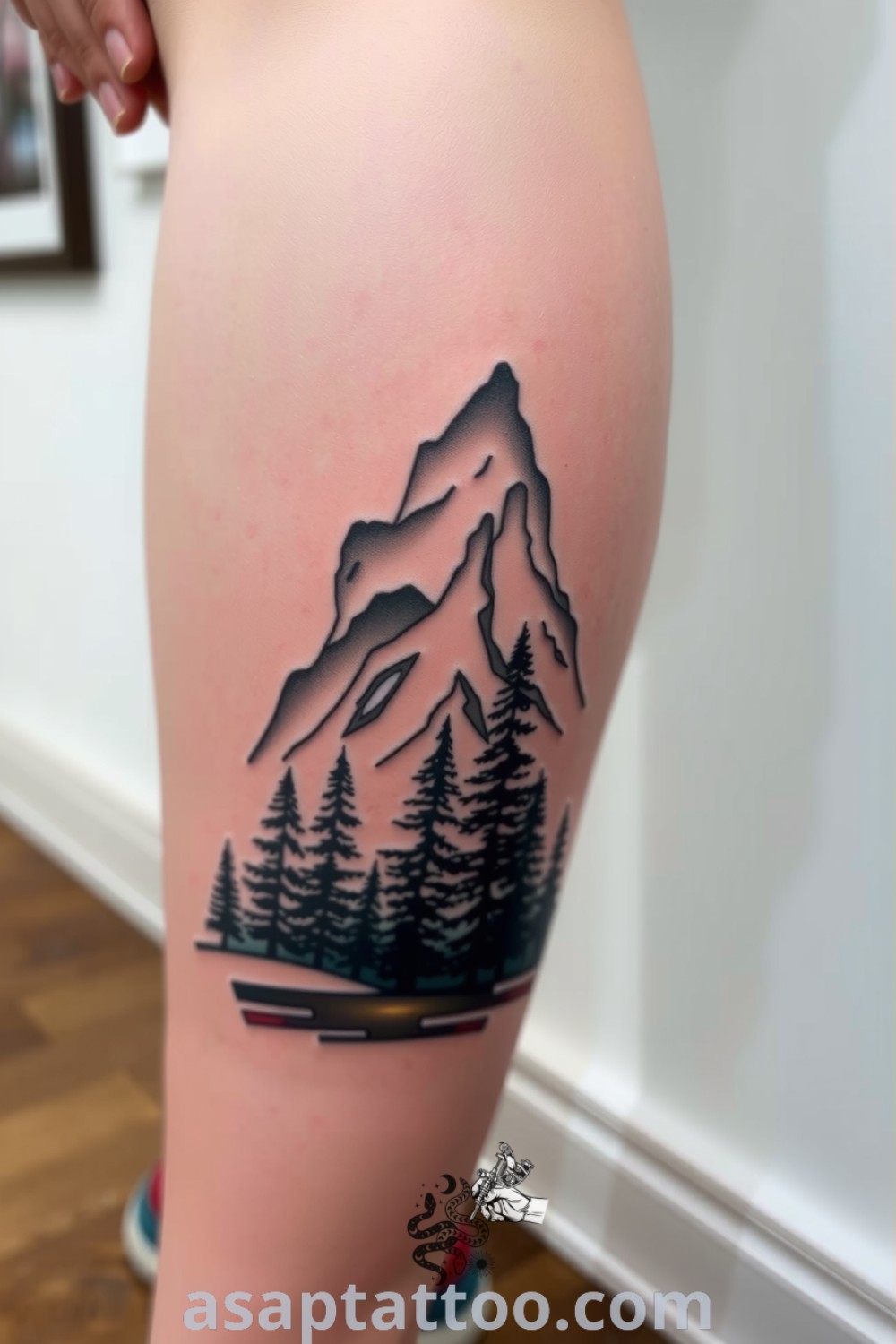Mountain and forest tattoo featuring intricate linework and shading, with a striking black and green color palette. A gorgeous tattoo idea that will inspire you to get inked. asaptattoo.com