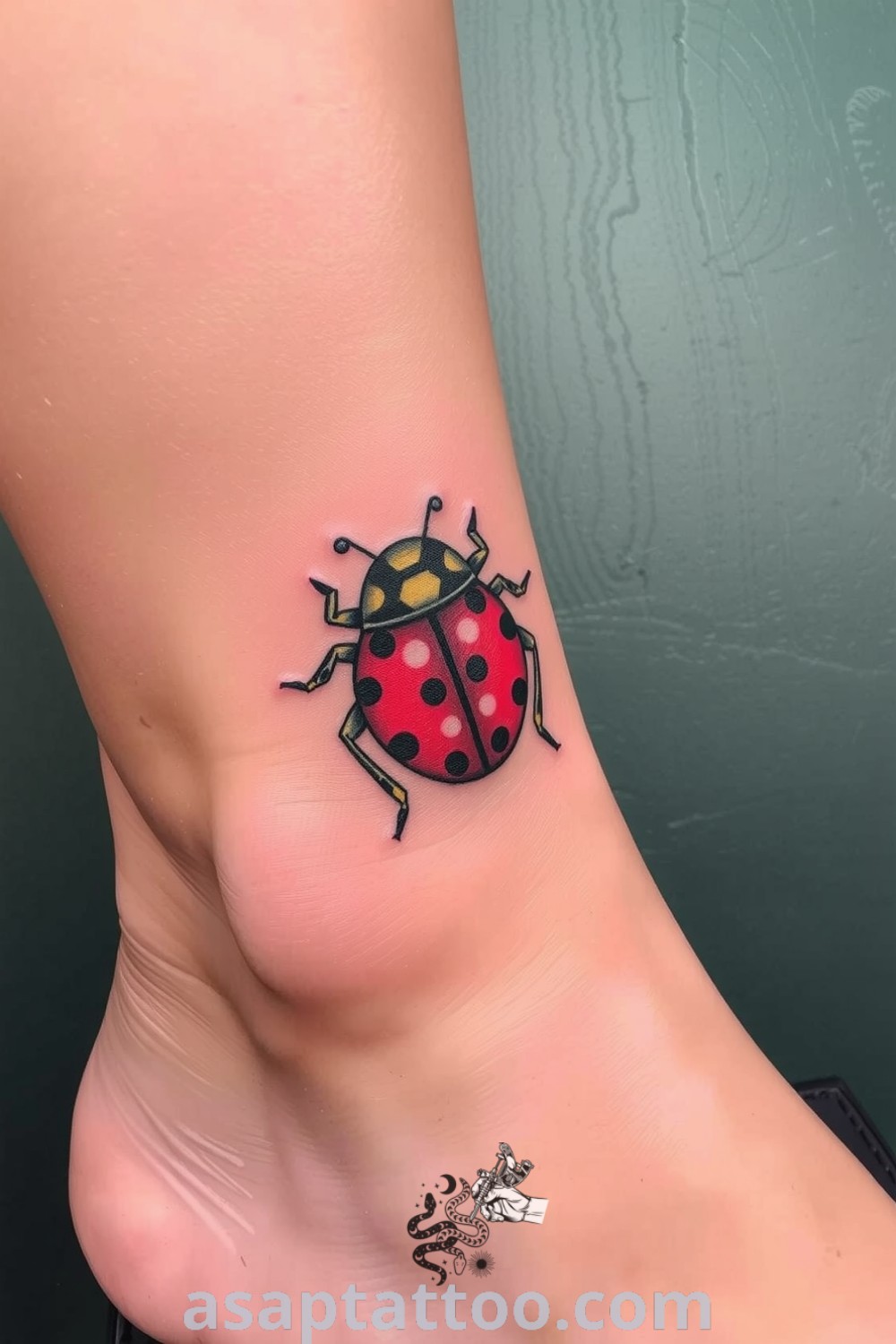 Grunge ladybug tattoo in deep reds and blacks, showcasing intricate linework and shading on medium skin. An amazing tattoo idea you must see, inspiring and unique. asaptattoo.com