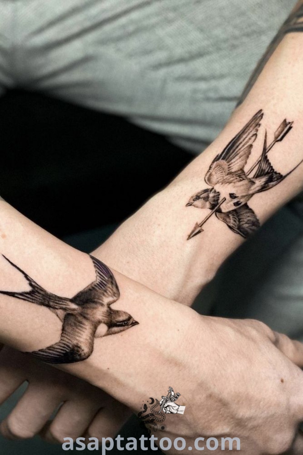 Matching sparrow hand tattoos on two individuals, showcasing elegant designs that symbolize freedom and loyalty. Aesthetic small bird tattoos with meaningful representations. Find inspiration at asaptattoo.com.