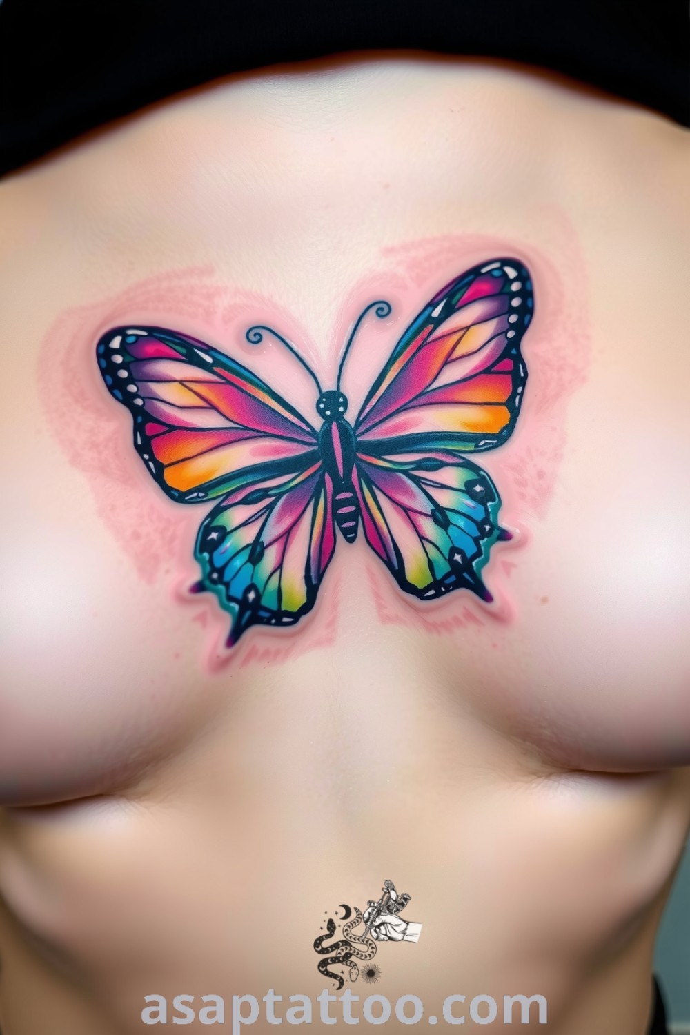 Abstract butterfly tattoo on ribcage featuring vibrant colors and swirling patterns, symbolizing freedom and transformation. A gorgeous tattoo idea you will absolutely love. asaptattoo.com