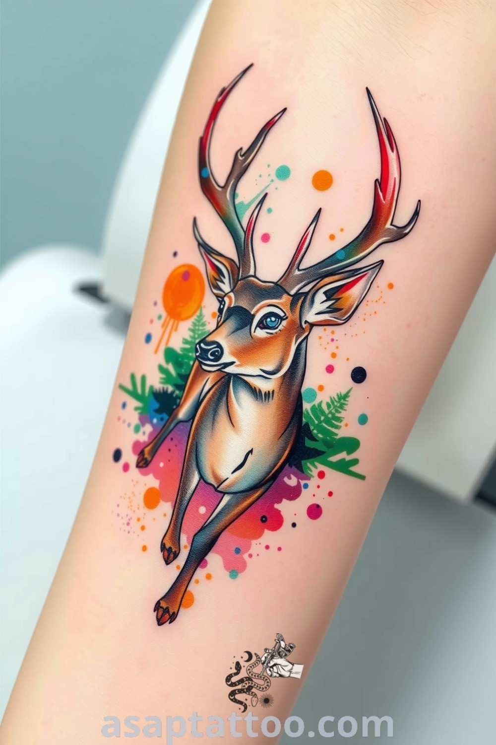 Watercolor tattoo of a majestic deer with intricate linework and vibrant colors, blending harmoniously on the forearm. An amazing tattoo idea you must see, highlighting a connection to nature. asaptattoo.com