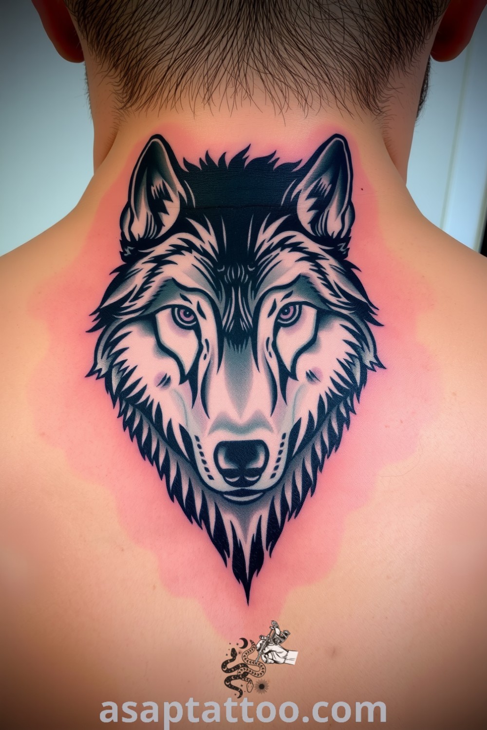 Monochrome tattoo of a majestic wolf on the back of the neck, showcasing intricate linework and gradient shading. A gorgeous tattoo idea that will inspire you to get inked. asaptattoo.com