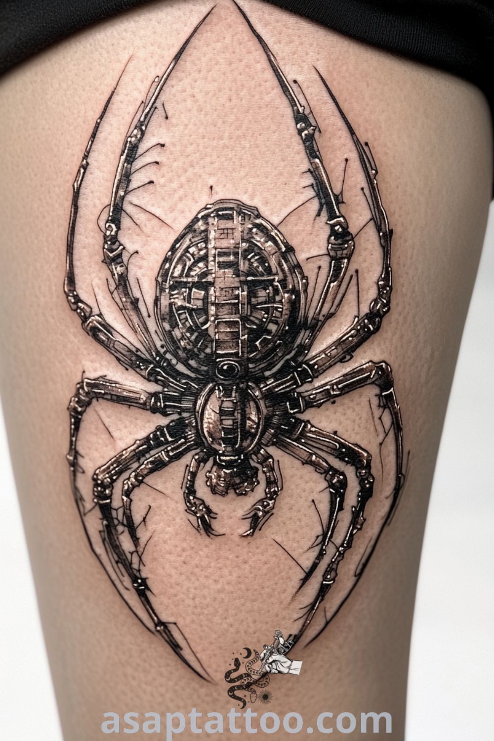 Biomechanical spider tattoo showcasing intricate linework and deep blacks, with metallic silvers creating a stunning three-dimensional effect on the thigh. An amazing tattoo idea you must see. asaptattoo.com
