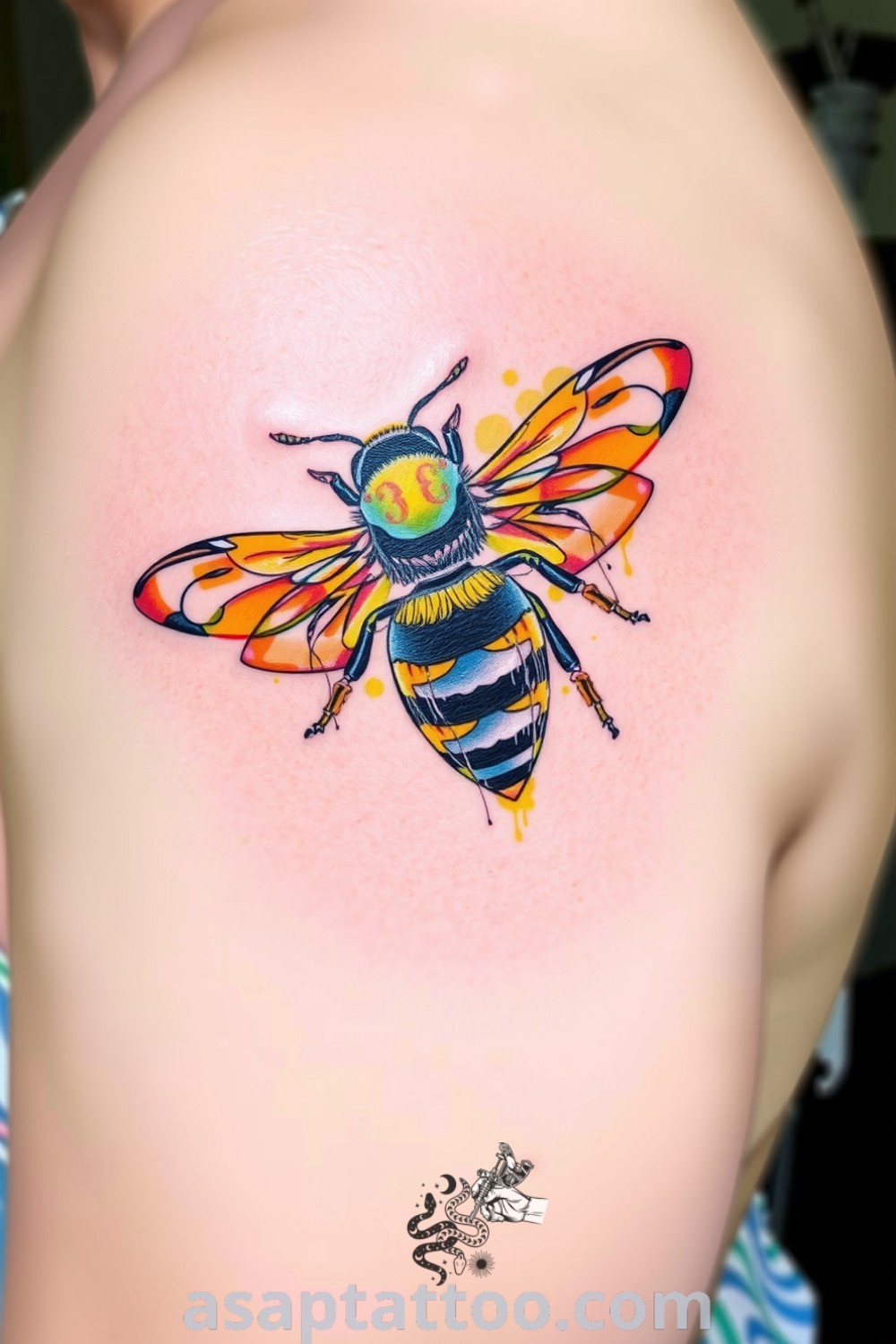 A vibrant watercolor bee tattoo with rich yellows and deep blacks displaying delicate wings and a beautiful color gradient, symbolizing hard work and resilience. This gorgeous tattoo idea you must see to believe. asaptattoo.com