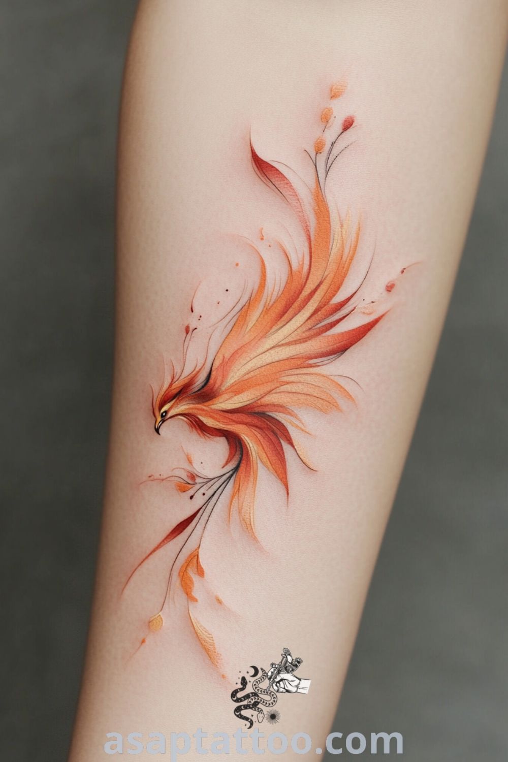 Phoenix tattoo on inner arm with intricate design, featuring fiery feathers in red, orange, and gold gradients. A gorgeous tattoo idea that embodies resilience and transformation you must see. asaptattoo.com