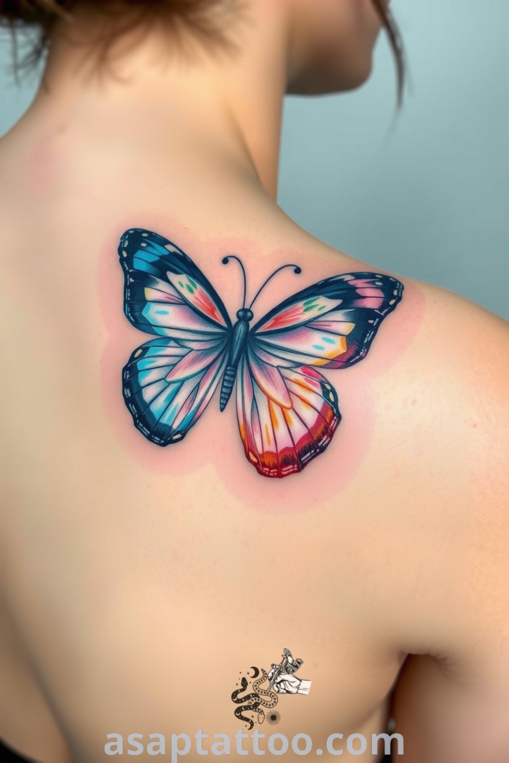 Brushstroke butterfly tattoo on the shoulder blade with deep blues, purples, and lighter shades, showcasing fluid strokes and intricate details. A gorgeous tattoo idea that will inspire you to get inked. asaptattoo.com