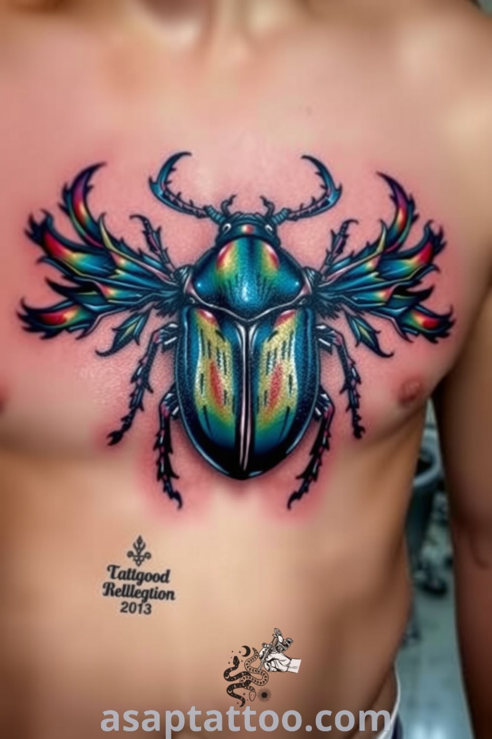 Intricate beetle tattoo featuring meticulous linework in deep greens and blues, symbolizing resilience and transformation. A gorgeous tattoo idea you will absolutely love. asaptattoo.com