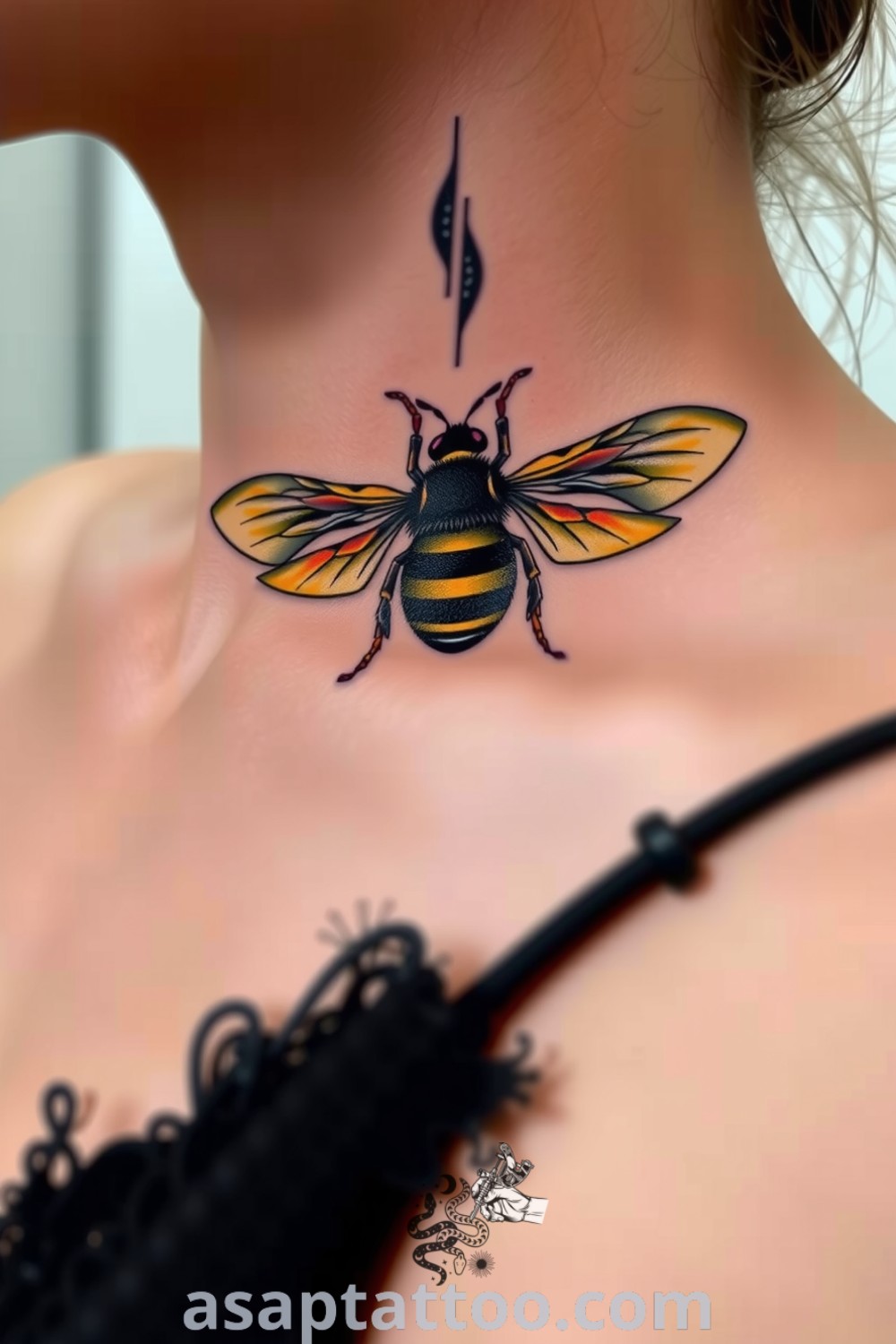 Surreal bee tattoo with intricate linework and a gradient of gold and black, creating an elegant and stunning design. This gorgeous tattoo idea you must see to believe. asaptattoo.com