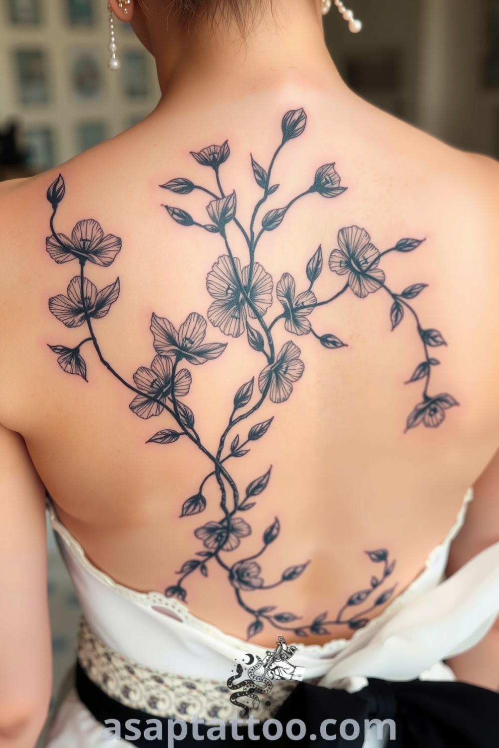 Surreal plant tattoo featuring intricately detailed vines and ethereal petals on a bride