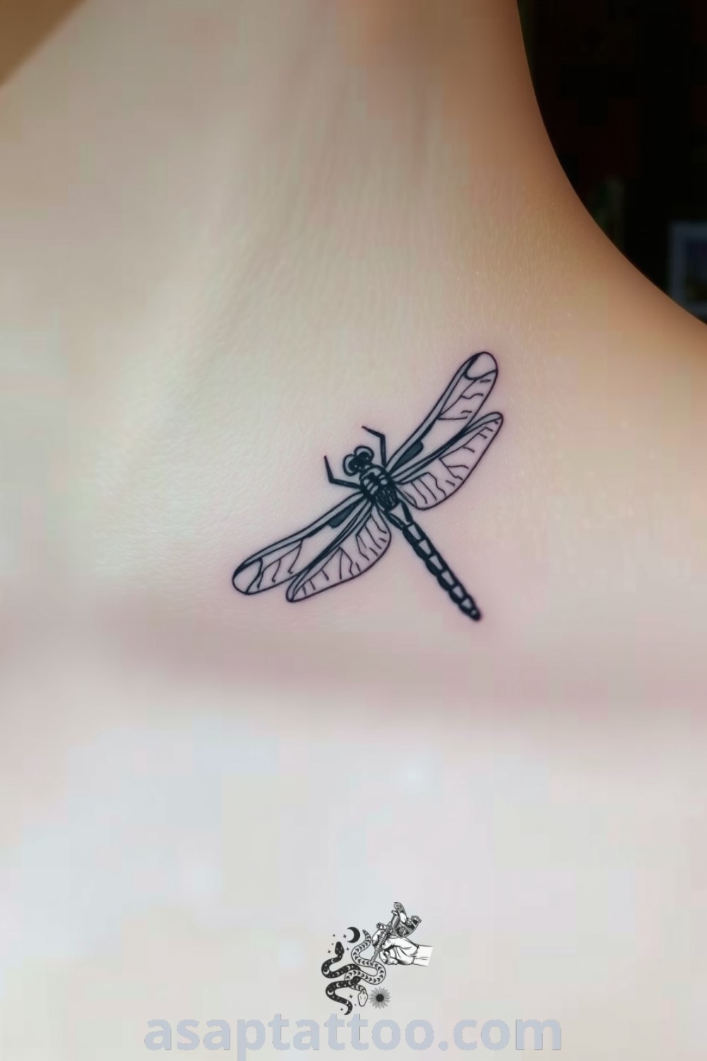 Minimalist dragonfly tattoo on collarbone with delicate black linework and soft shading, creating an elegant design that will inspire you to get inked. asaptattoo.com