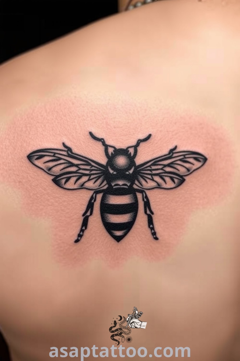 Chiaroscuro bee tattoo featuring rich black and grey shades with intricate linework, symbolizing hard work and community. An elegant tattoo idea you must see to believe. asaptattoo.com