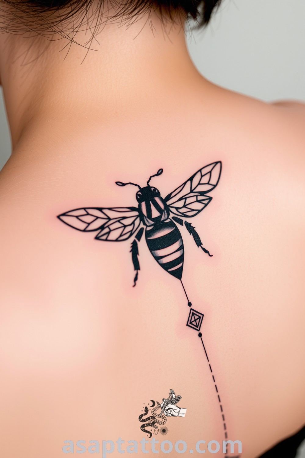 An intricate sacred geometry bee tattoo in rich black ink, featuring geometric patterns and organic lines. A stunning and meaningful tattoo idea you must see to believe. asaptattoo.com