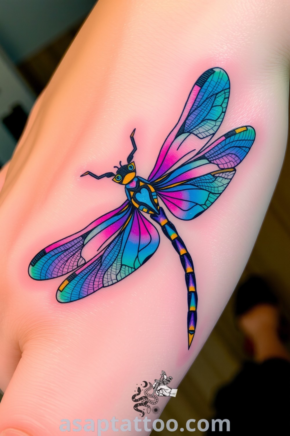 Psychedelic dragonfly tattoo with vibrant blue, purple, and green colors and intricate detailing, a gorgeous design that inspires you to get inked. asaptattoo.com