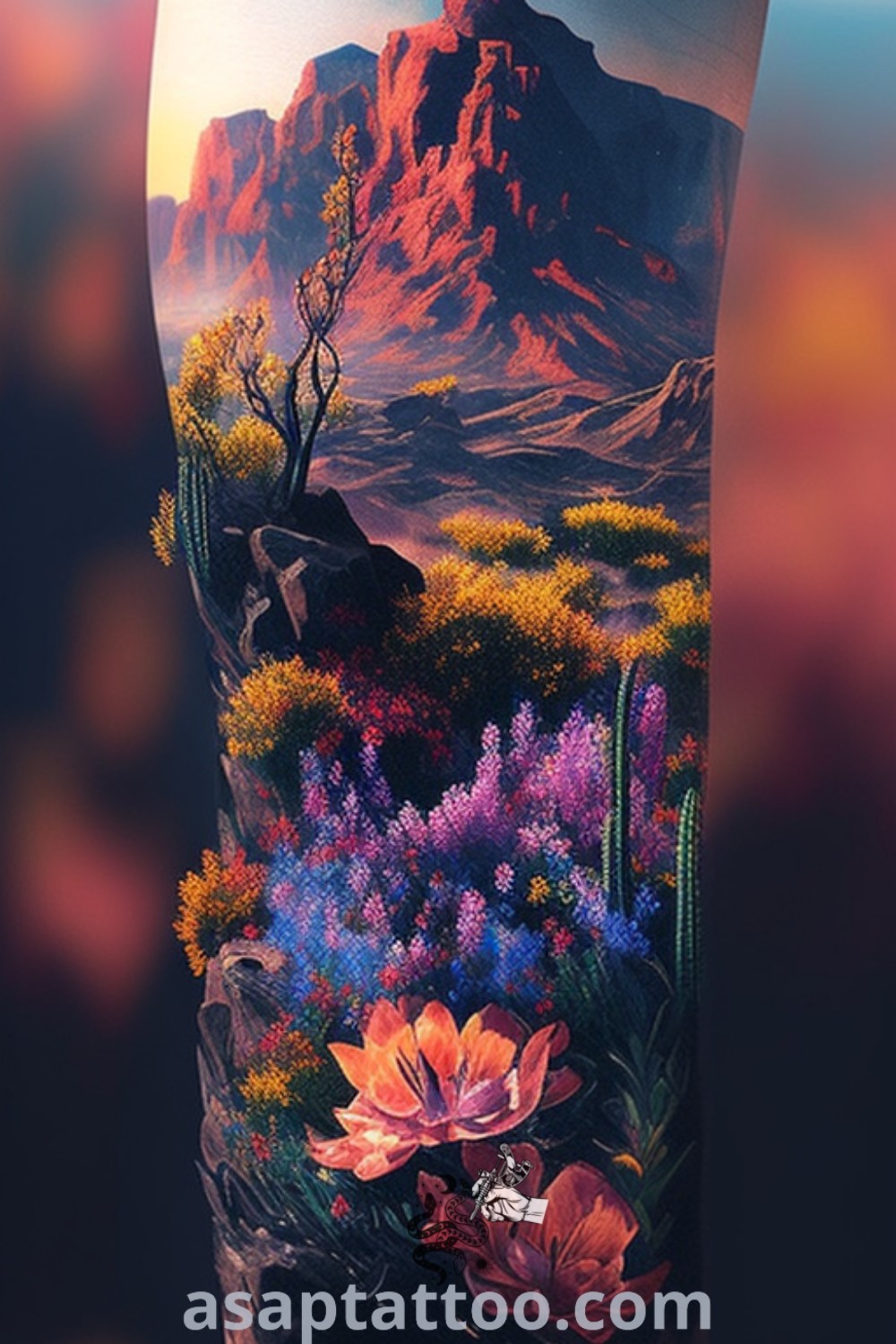 Colorful tree tattoo in a half sleeve design featuring beautiful floral elements. An inspiring piece for women seeking unique tattoos with meaning. Discover more amazing ideas at asaptattoo.com.