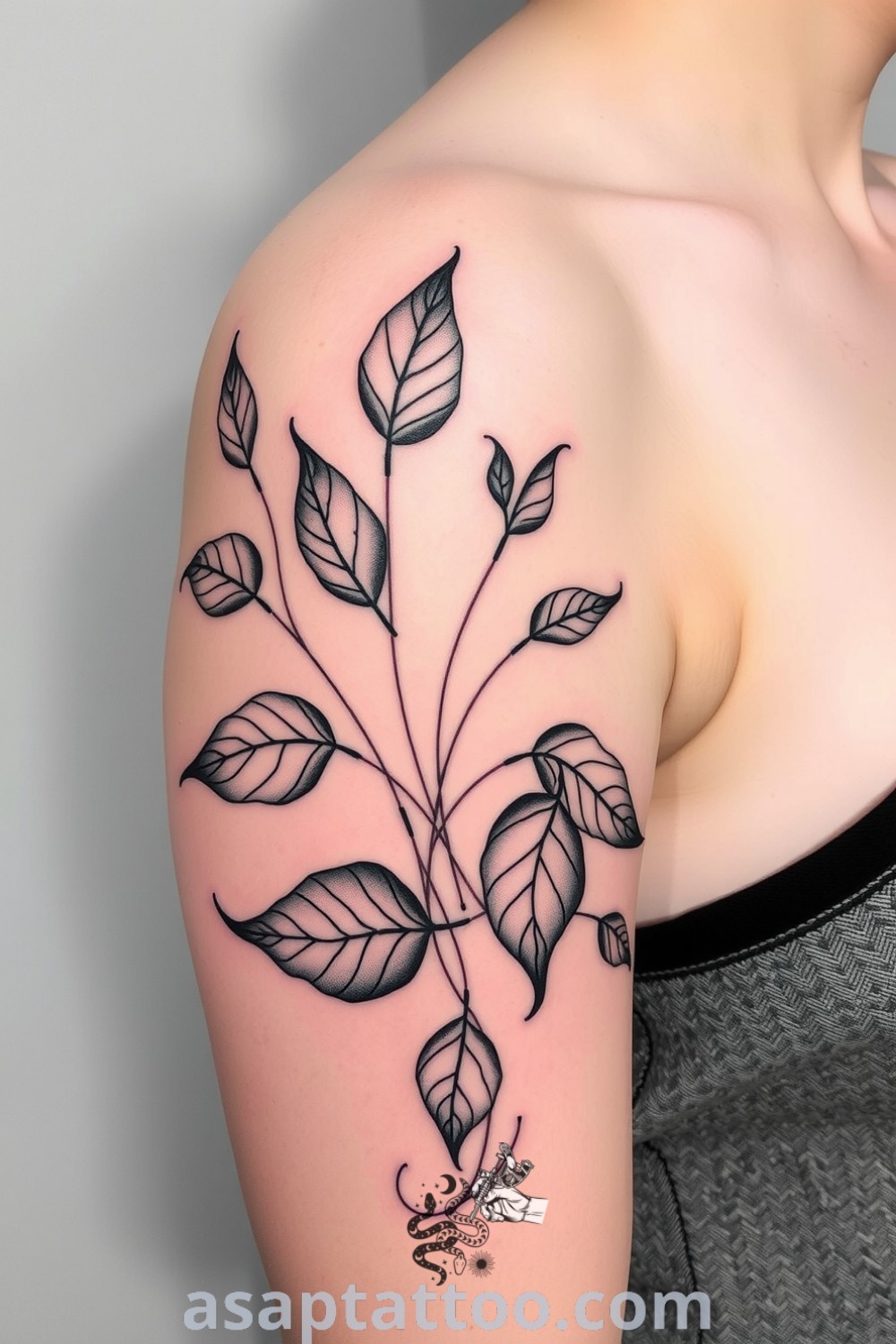 Abstract plants tattoo on the upper arm featuring fluid strokes and expressive leaves, designed with rich ink saturation and subtle shading. A gorgeous tattoo idea that will inspire you to get inked. asaptattoo.com