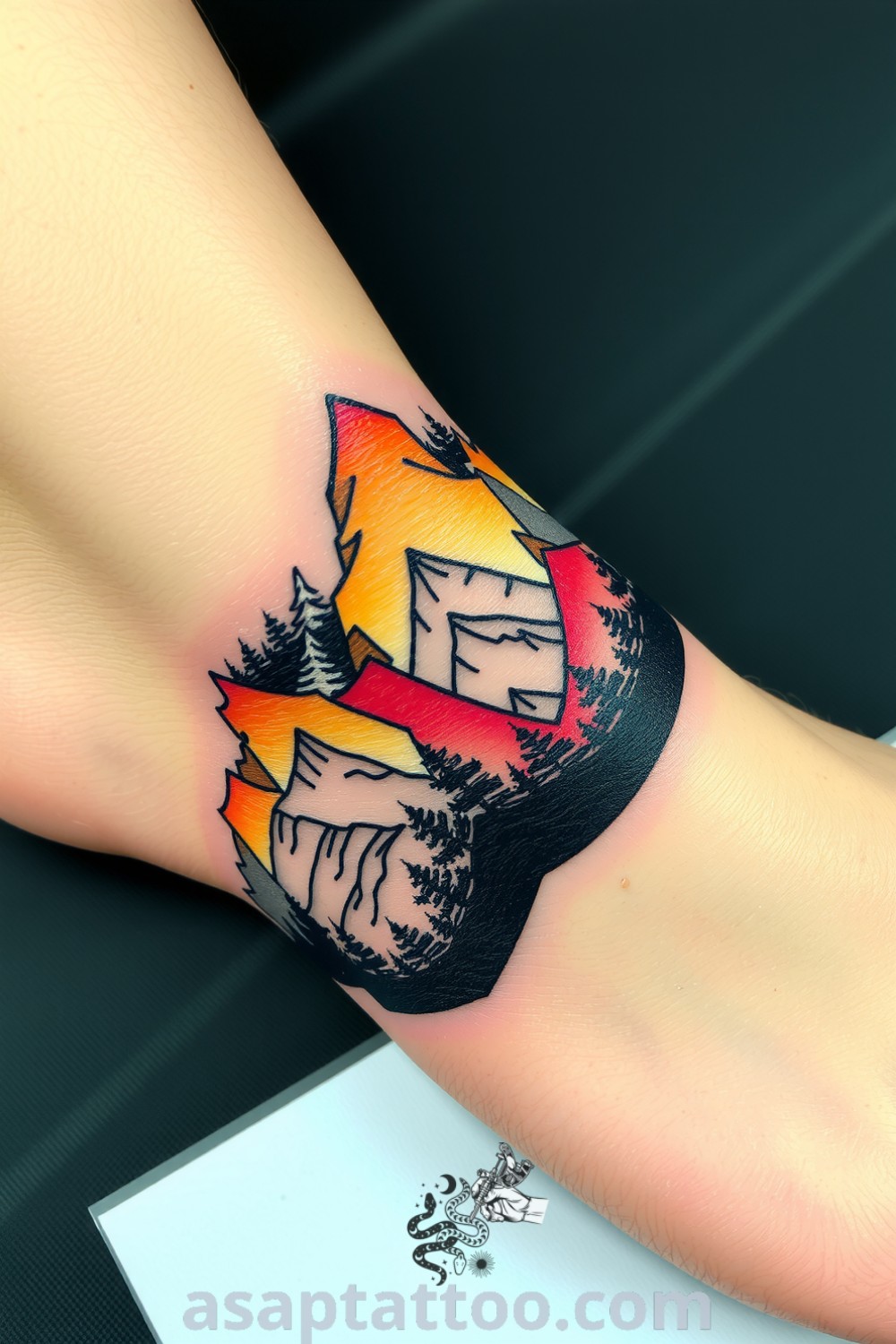 Mixed-media ankle tattoo of mountains and forest with earth tones and intricate linework, showcasing depth and tranquility. A gorgeous tattoo idea you must see to believe. asaptattoo.com