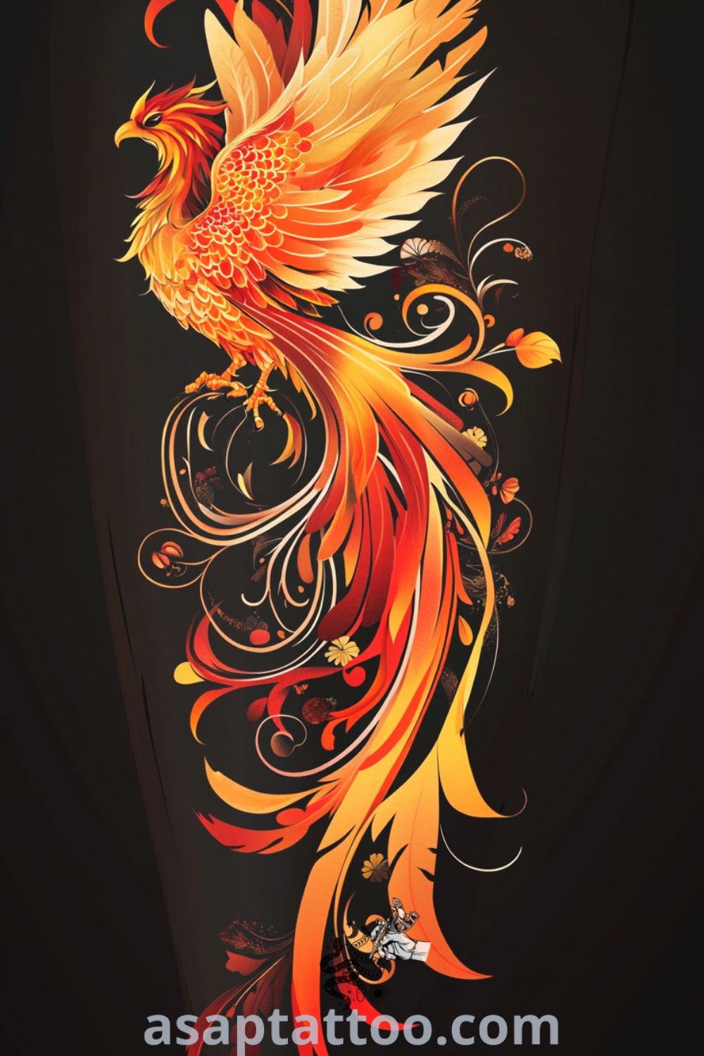 Color splash phoenix tattoo with vibrant gradients of red, orange, and yellow featuring intricate linework. A gorgeous tattoo that symbolizes strength and rebirth, perfect for inspiring new ink ideas. asaptattoo.com