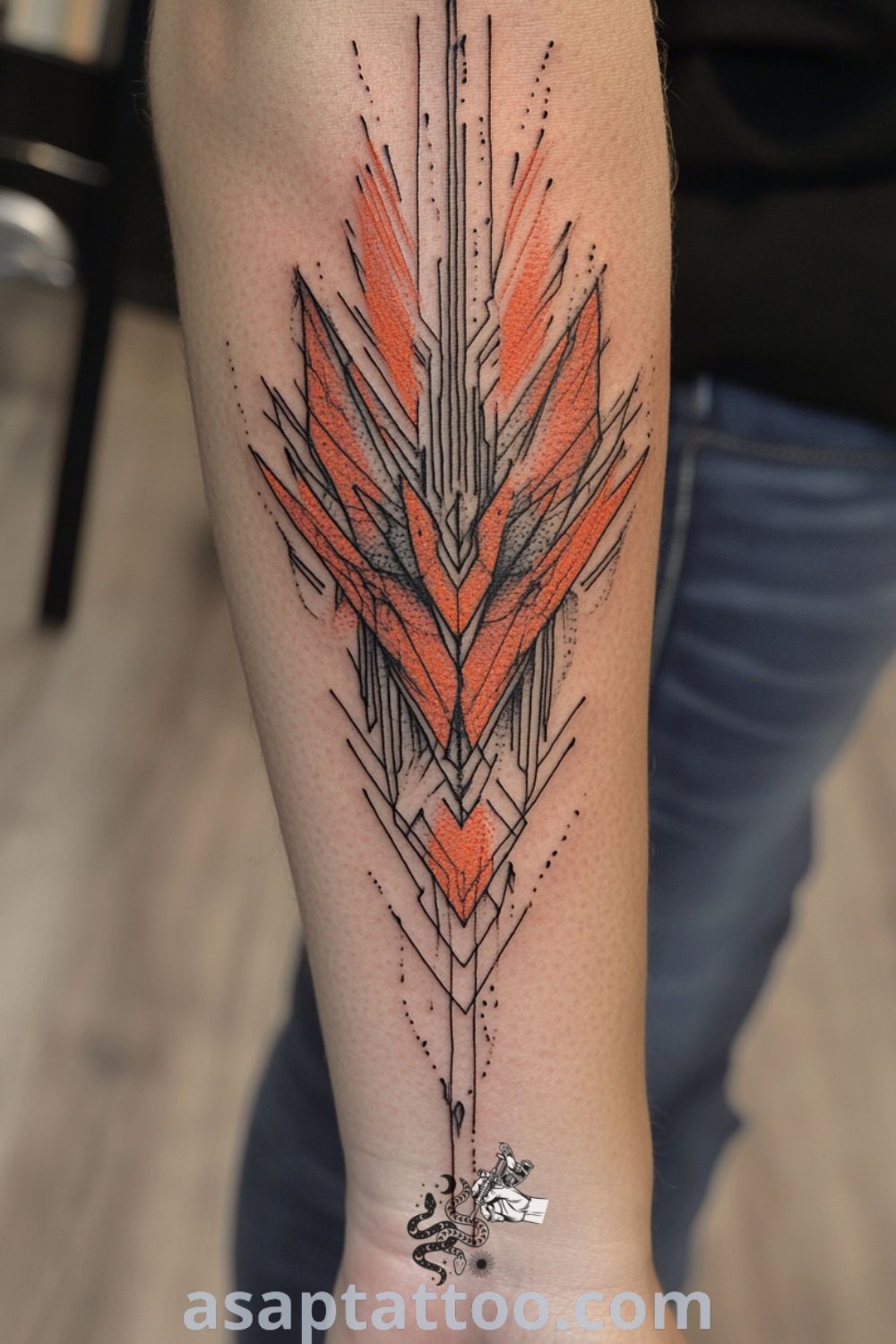 Geometric phoenix tattoo with intricate linework and a gradient of fiery reds and oranges blending with deep blacks. A gorgeous tattoo design that symbolizes rebirth and strength, perfect for those seeking inspiring ink ideas you must see. asaptattoo.com
