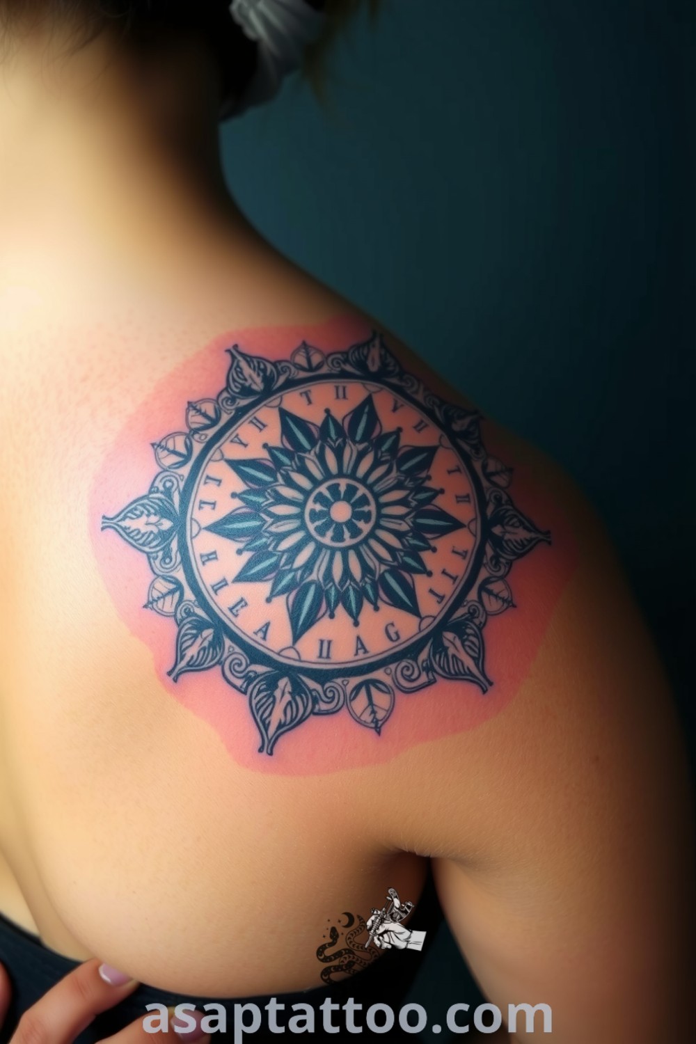 Intricate mandala plants tattoo on the shoulder featuring detailed black linework and spiraling leaves. A gorgeous tattoo design that symbolizes balance and harmony, perfect for those seeking inspiring ink ideas to decorate their body with. asaptattoo.com