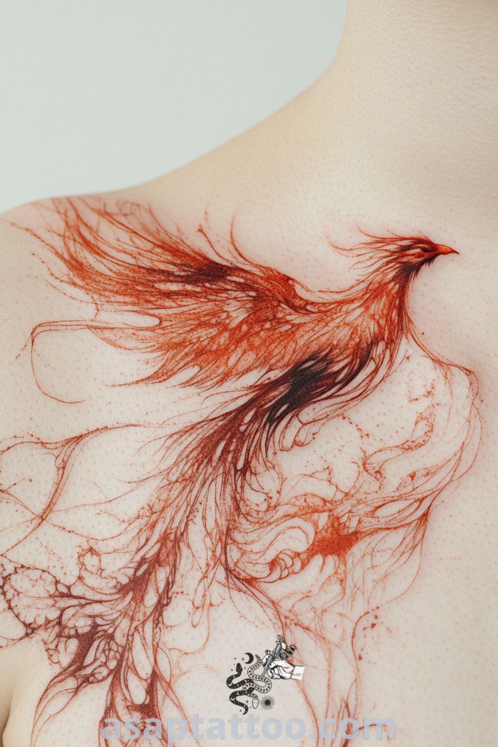 Intricately etched phoenix tattoo in vibrant reds and oranges across the collarbone, featuring fine linework and smooth gradients. A gorgeous and inspiring tattoo idea you must see. asaptattoo.com
