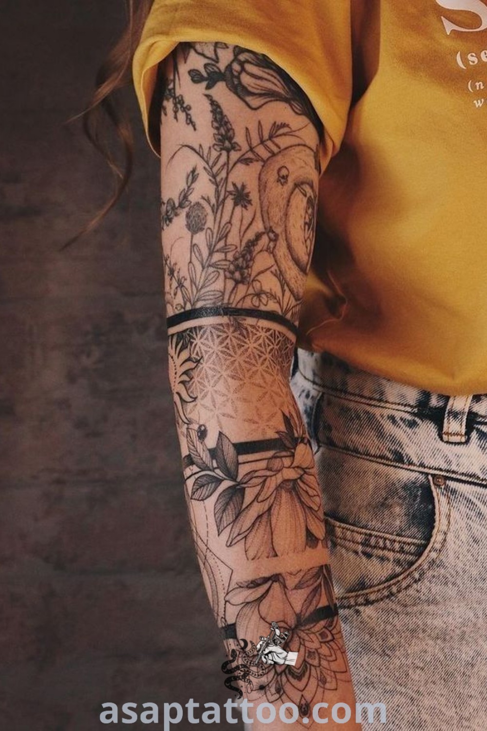 Floral tattoo design arm featuring intricate and beautiful elements, ideal for women exploring arm sleeve tattoos, including geometric sleeve tattoo and forearm tattoo. More ideas at asaptattoo.com.