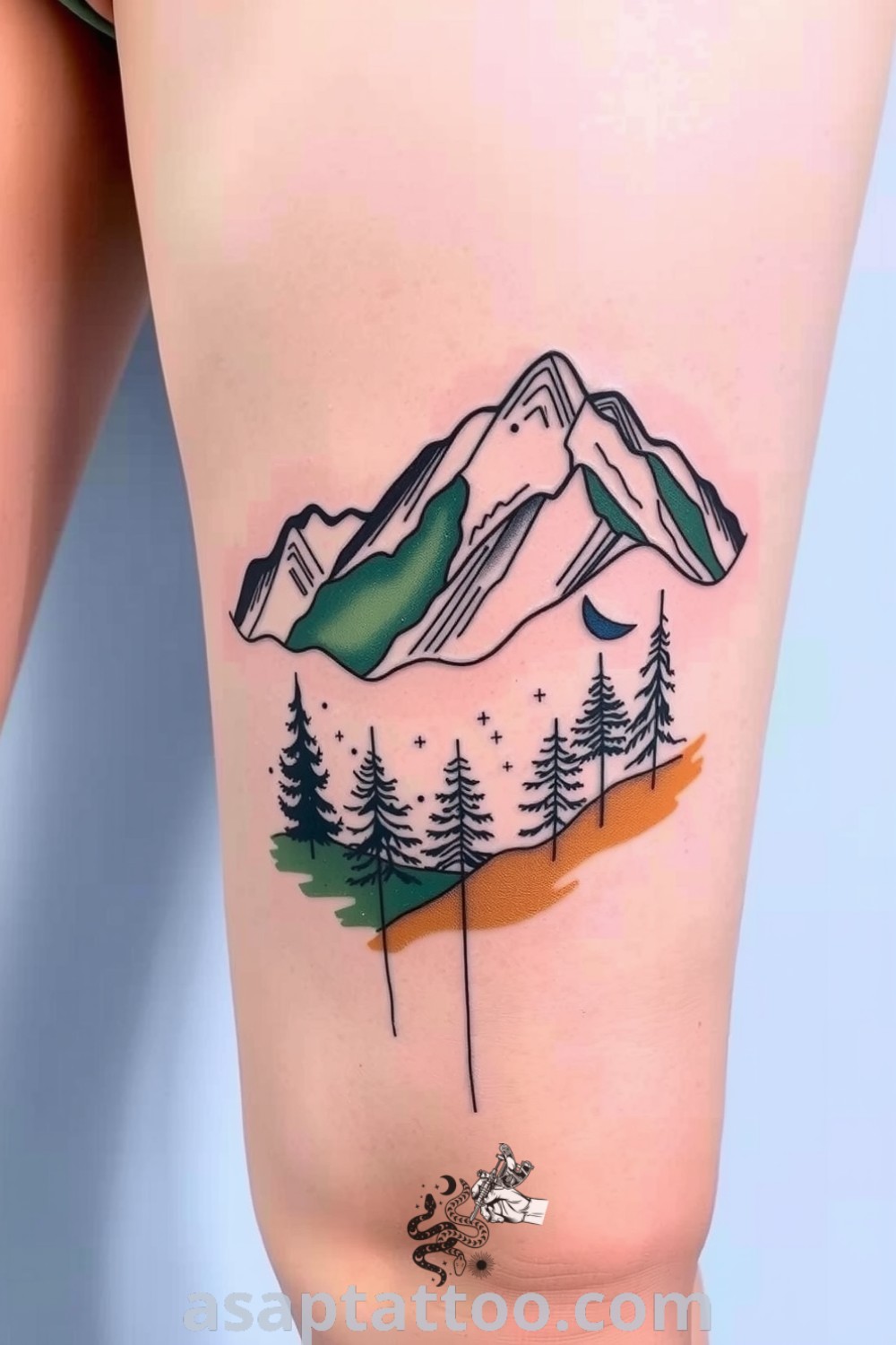 A detailed mountain and forest tattoo with intricate linework and a blend of deep green and earthy browns, perfectly highlighting the rugged beauty of nature. An amazing tattoo idea you must see to believe. asaptattoo.com