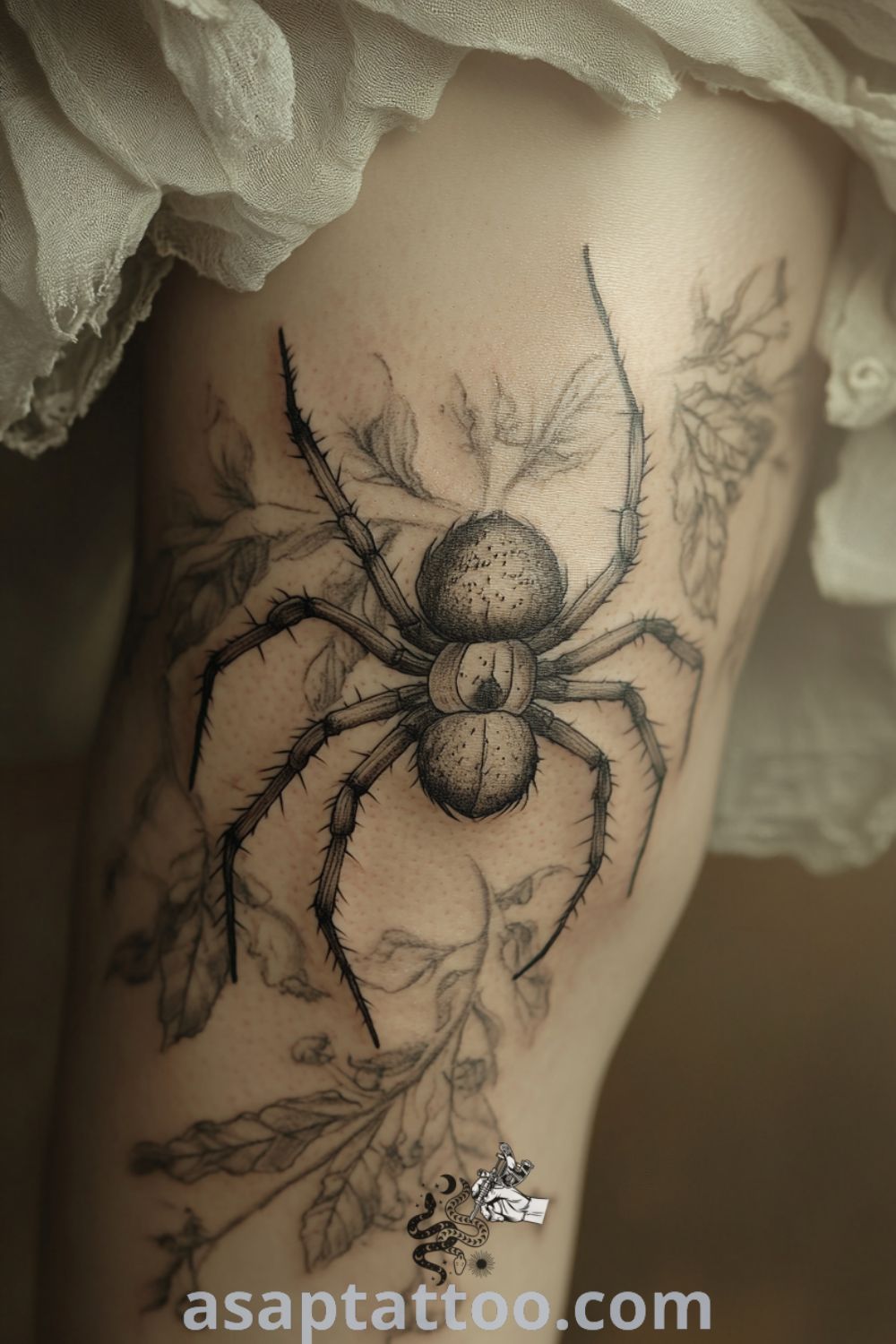Intricate spider tattoo on the knee with detailed linework and shading, creating a dynamic and realistic design. A gorgeous tattoo idea you must see to believe. asaptattoo.com
