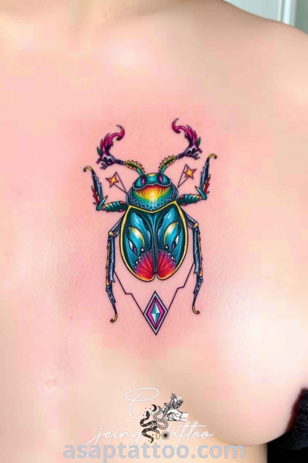 Celestial beetle tattoo with intricate linework and deep blue and gold hues, enhancing the design