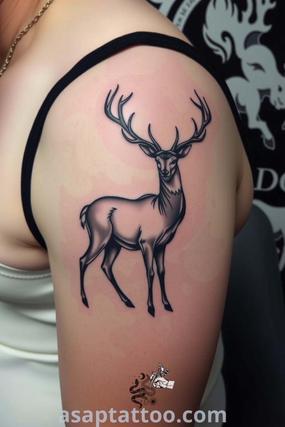 Blackwork deer tattoo featuring intricate linework and bold shading for depth. An amazing tattoo design you must see to believe, perfect for nature lovers. asaptattoo.com