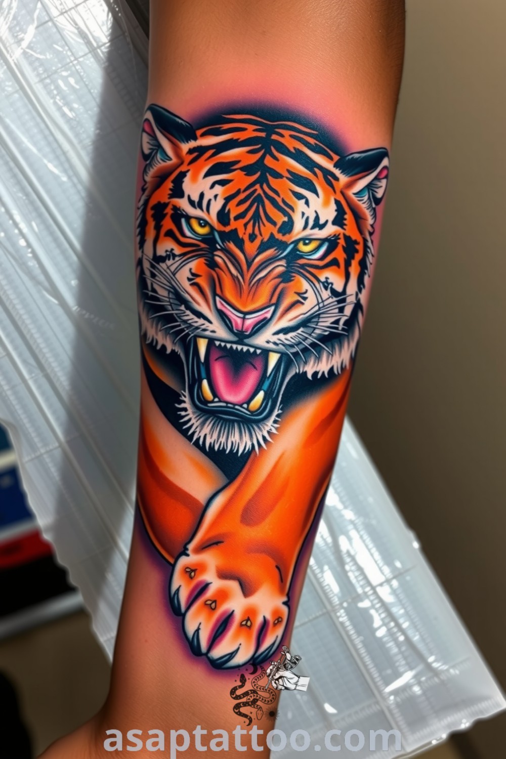 Realistic tiger tattoo on forearm with intricate fur details and vibrant orange-black stripes, symbolizing strength and courage. An amazing tattoo idea you must see! asaptattoo.com