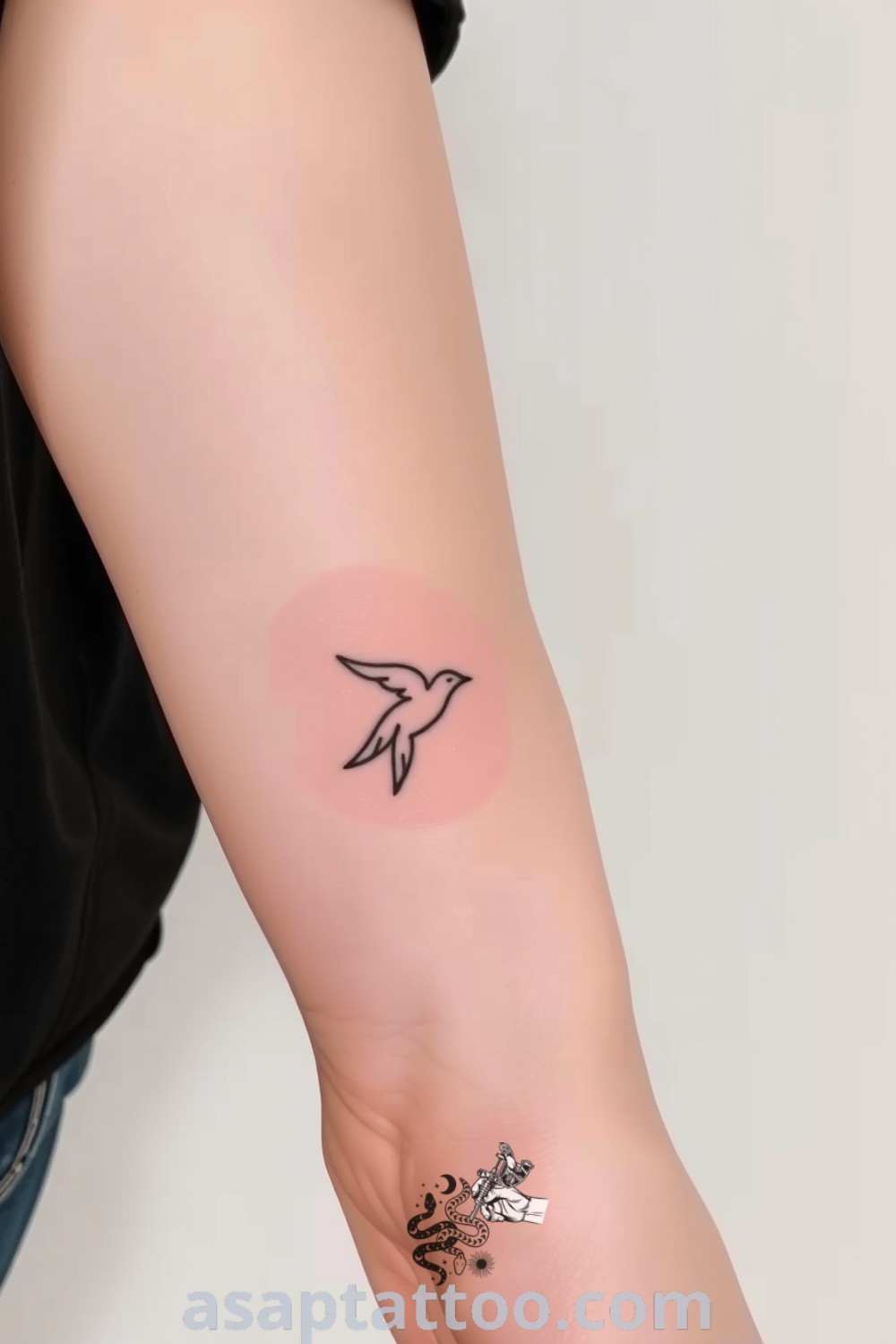 Minimalist bird tattoo on the wrist with elegant lines and subtle gradients, capturing the essence of flight. A gorgeous tattoo idea you must see to believe. asaptattoo.com