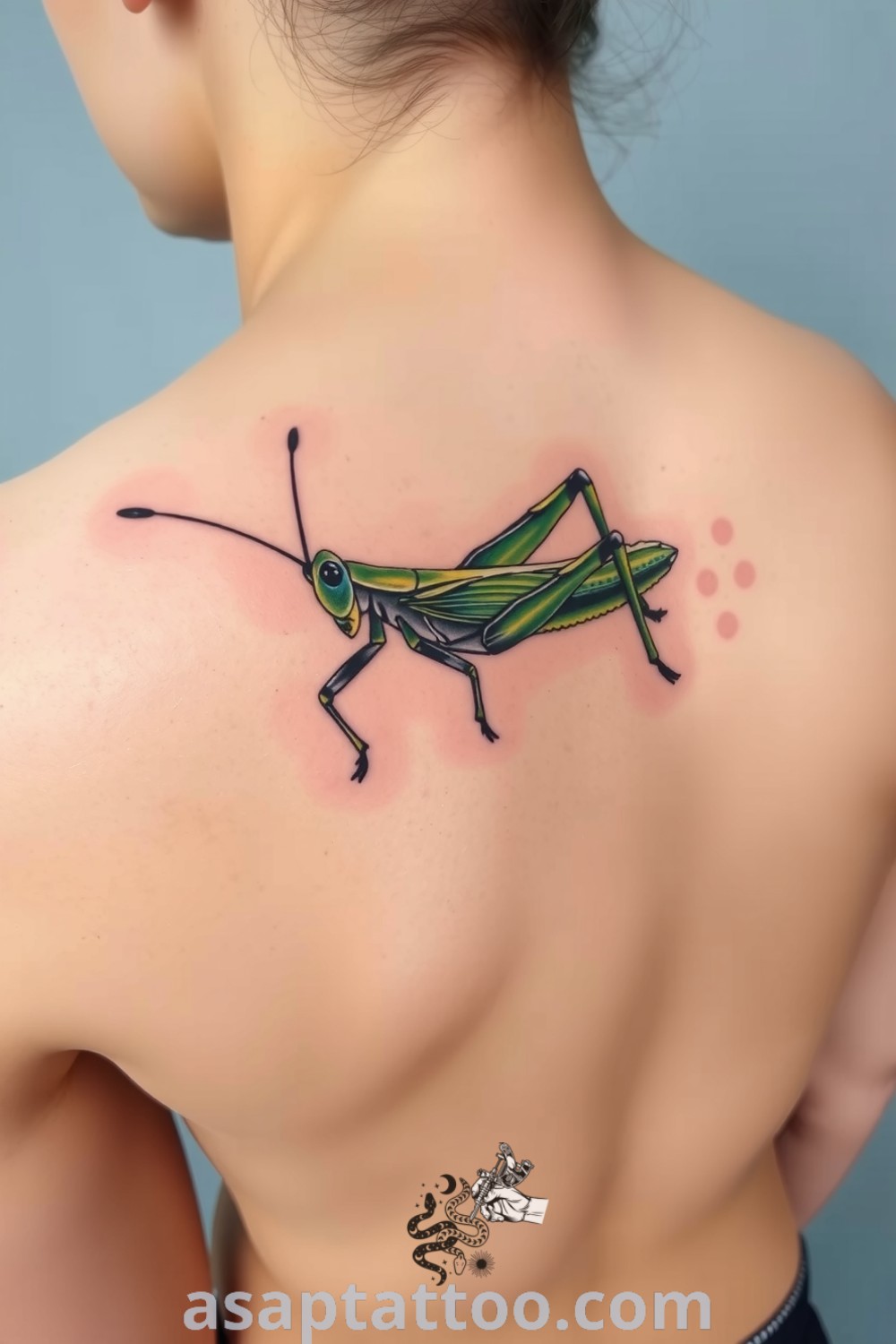 Brushstroke grasshopper tattoo featuring vivid greens and intricate details that create a lifelike appearance. A gorgeous tattoo idea you must see for its artistic representation of agility and transformation. asaptattoo.com
