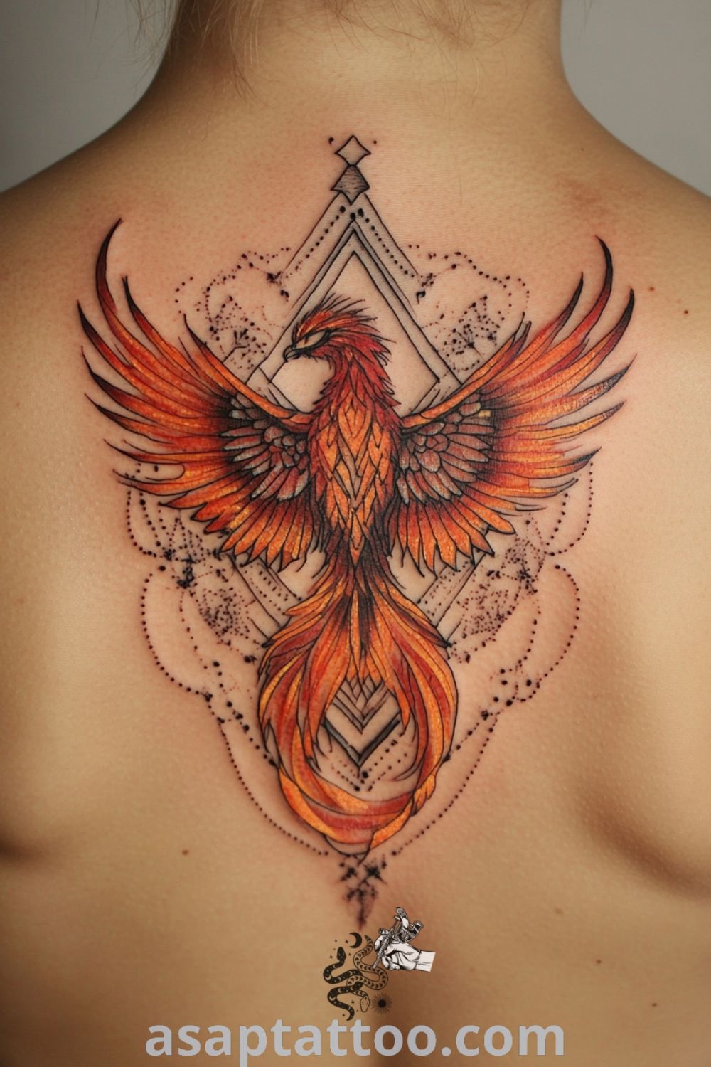 Intricate sacred geometry phoenix tattoo featuring vivid orange and red gradients with detailed linework and shading. A gorgeous tattoo that symbolizes rebirth and transformation, inspired by the best tattoo ideas you have to see to believe. asaptattoo.com