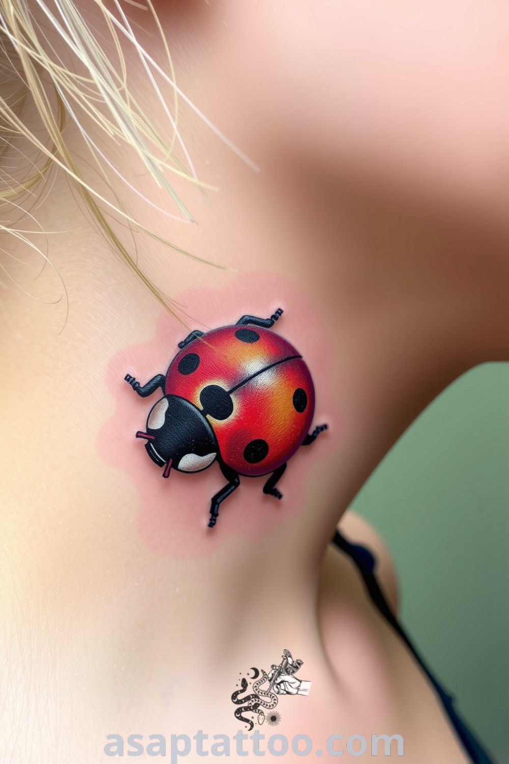Surreal ladybug tattoo with red and black hues, featuring intricate linework and soft gradient for depth. An inspiring tattoo idea to decorate your body with that you must see. asaptattoo.com