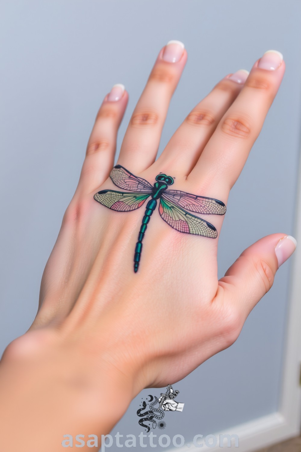 Elegant dragonfly tattoo with intricate wings in azure and emerald, shimmering against medium skin. A gorgeous tattoo idea you must see to believe. asaptattoo.com