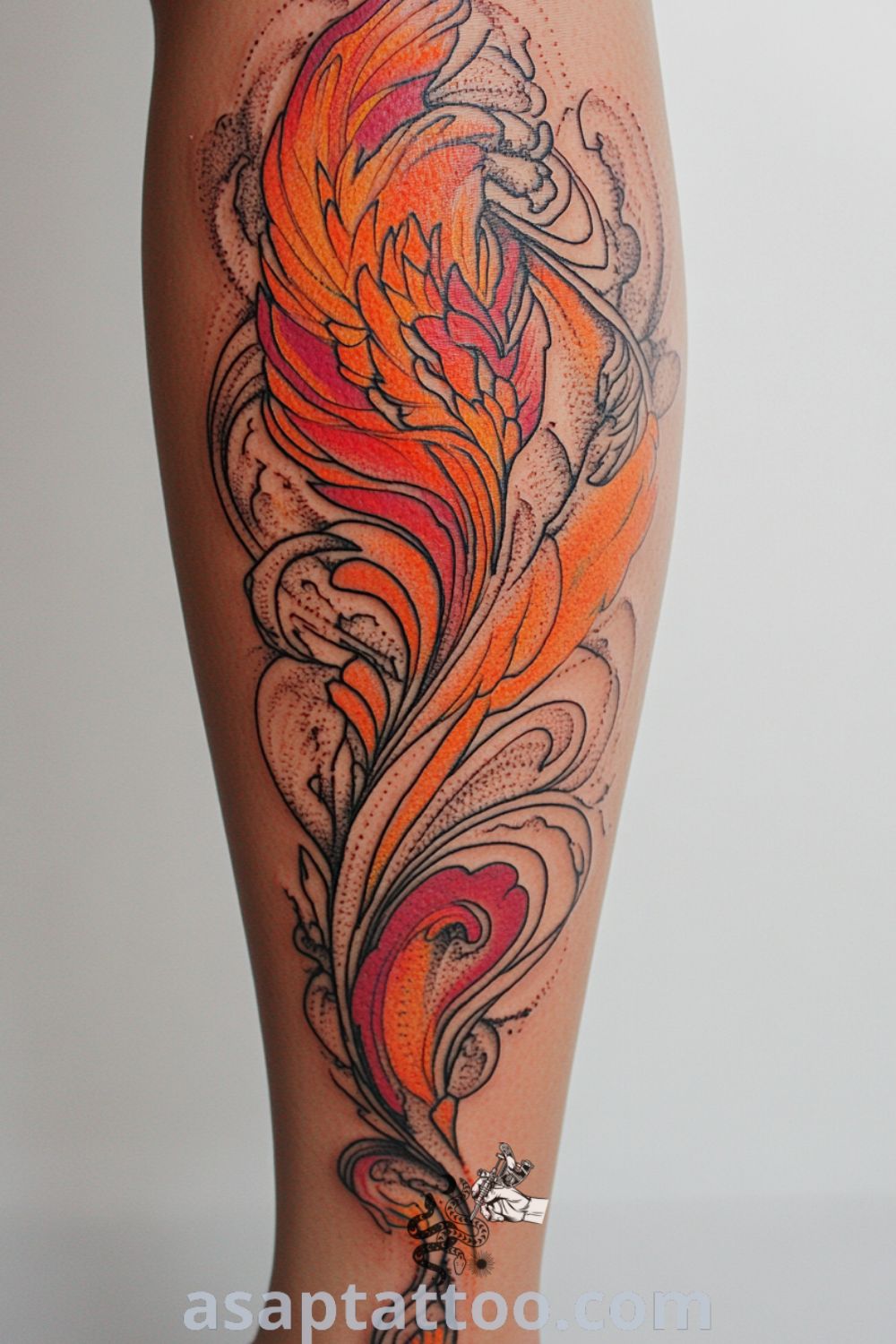 Phoenix tattoo with brilliant colors transitioning from deep reds and oranges to soft yellows, symbolizing resilience and rebirth. A gorgeous tattoo idea you will absolutely love. asaptattoo.com
