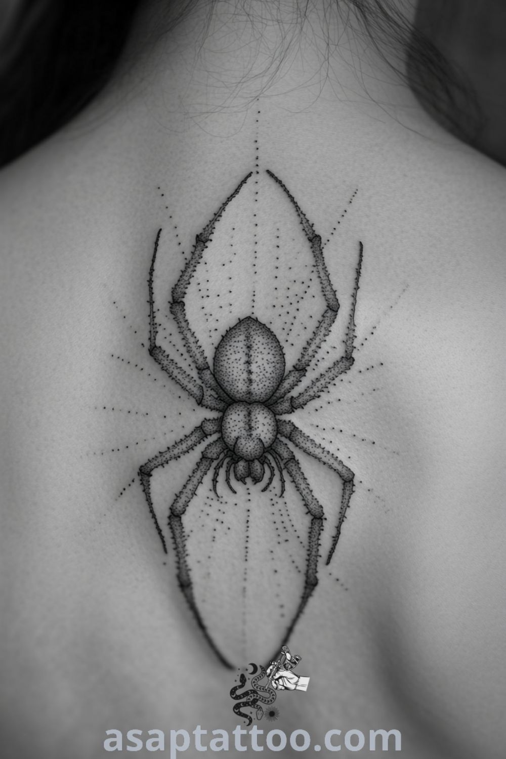 Intricate dotwork spider tattoo featuring a striking silhouette with gradient shading and meticulous dot placement, a gorgeous tattoo idea to inspire you. asaptattoo.com