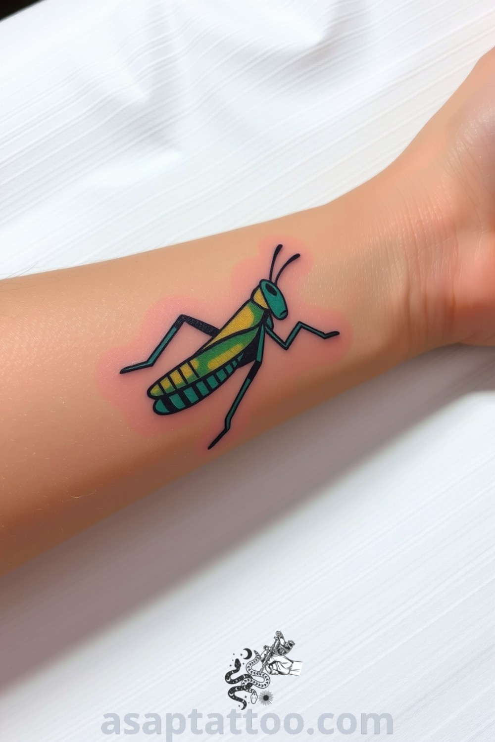 Folk-style grasshopper tattoo with intricate linework and earthy green tones, capturing energy and resilience. An amazing tattoo idea that you must see. asaptattoo.com