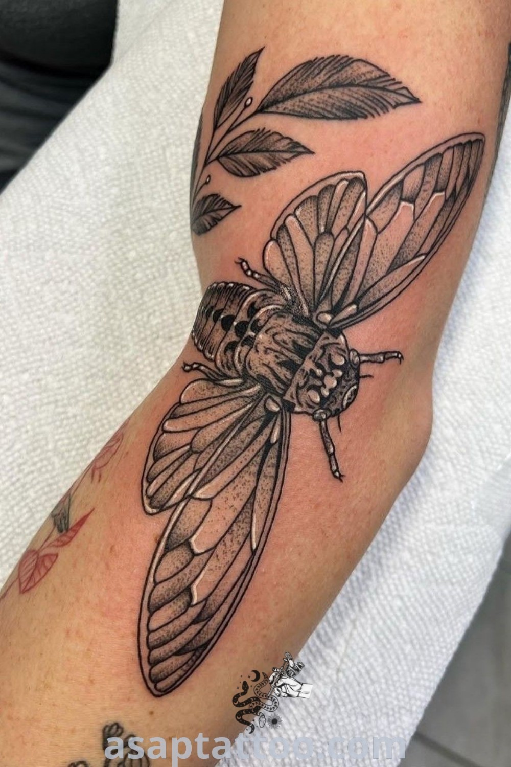 Black and white photo of a dragonfly tattoo on the arm, featuring elegant design and artistic features. Discover amazing tattoo ideas at asaptattoo.com.