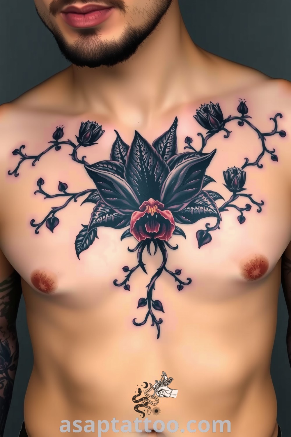 Gothic plants tattoo with dark petals and eerie vines on the chest, showcasing intricate linework and depth, an amazing tattoo idea you must see. asaptattoo.com