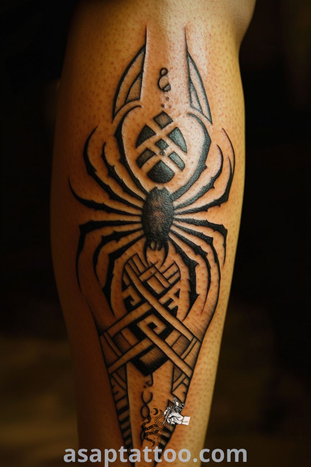 Tribal spider tattoo on the calf featuring bold black lines, intricate patterns, and delicate shading, creating a striking and elegant design to inspire you to get inked. asaptattoo.com
