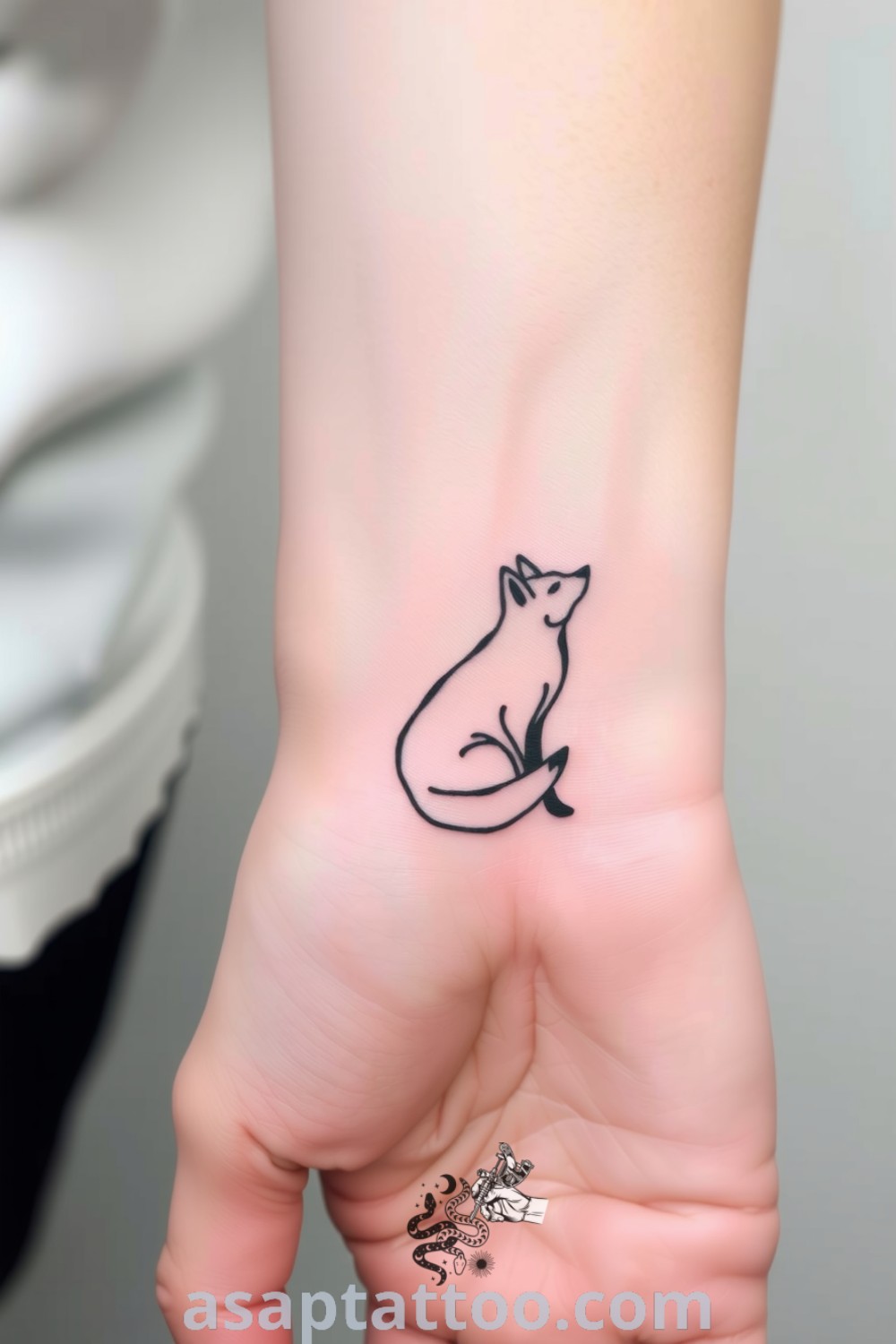 Minimalist fox tattoo design with clean lines and subtle curves, showcased in rich black ink. An inspiring tattoo idea you must see to believe. asaptattoo.com