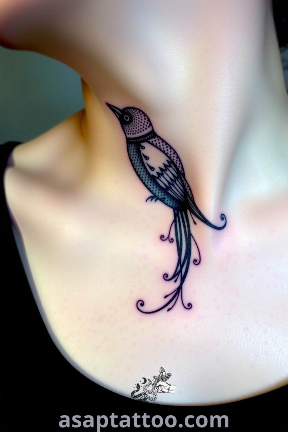 Dotwork bird tattoo on the neck with intricate patterns and gradients, showcasing elegance and artistry. A gorgeous tattoo idea you must see, highlighting both personal significance and beauty. asaptattoo.com