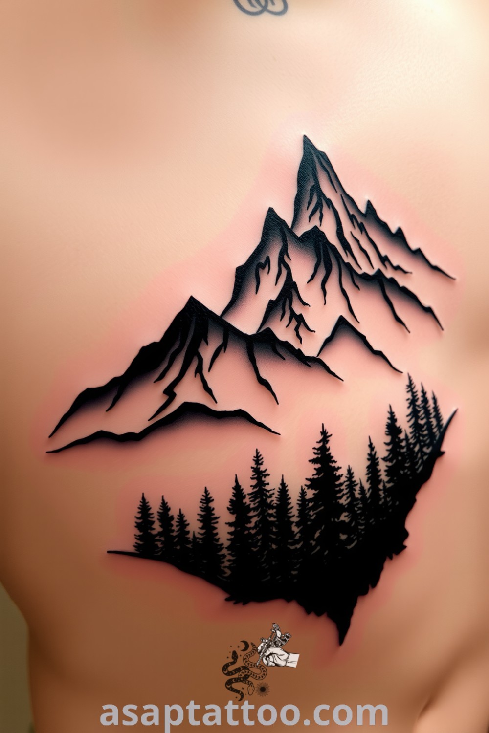 Chiaroscuro tattoo of mountains and a forest on the ribcage, showcasing intricate linework and gradient shading. An inspiring tattoo design that embodies nature